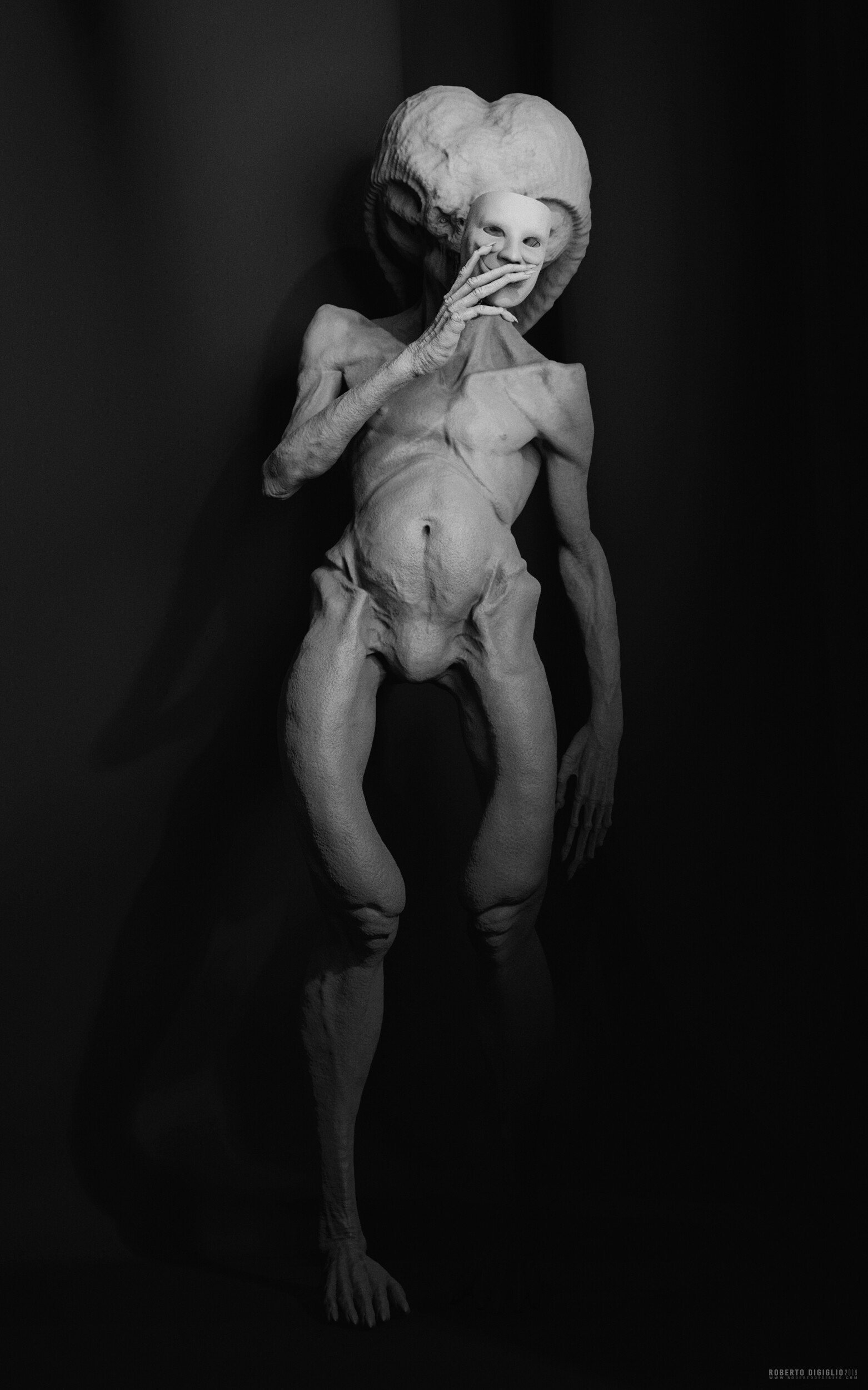 Behind the Mask — image 2: a creature holding a white mask, character design by Roberto Digiglio